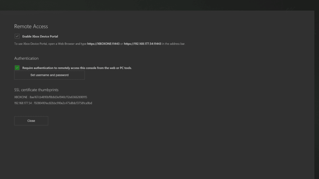 Xbox One X Device Portal Development - Remote Access Settings