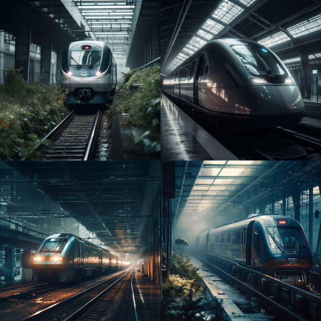 MidJourney - German railroad as maglev train in aggressive cyberpunk style, hyper realistic photography 50mm f1.2 --stylize 750 --v 5 
