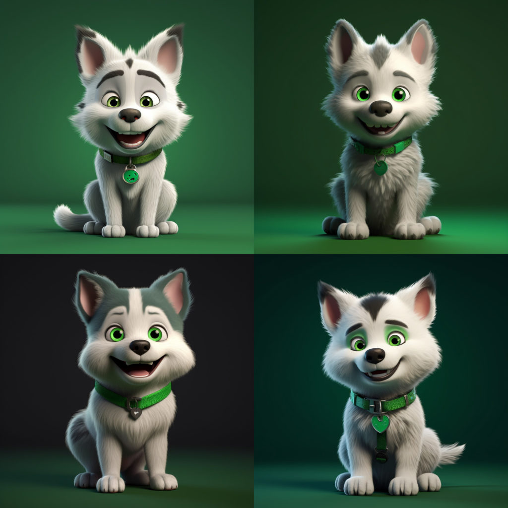 MidJourney - Realistic 3d render of a happy, furry and cute baby husky smiling with big green eyes looking straight at you, Pixar style, 32k, full body shot with a black green xbox background --stylize 750 --v 5 