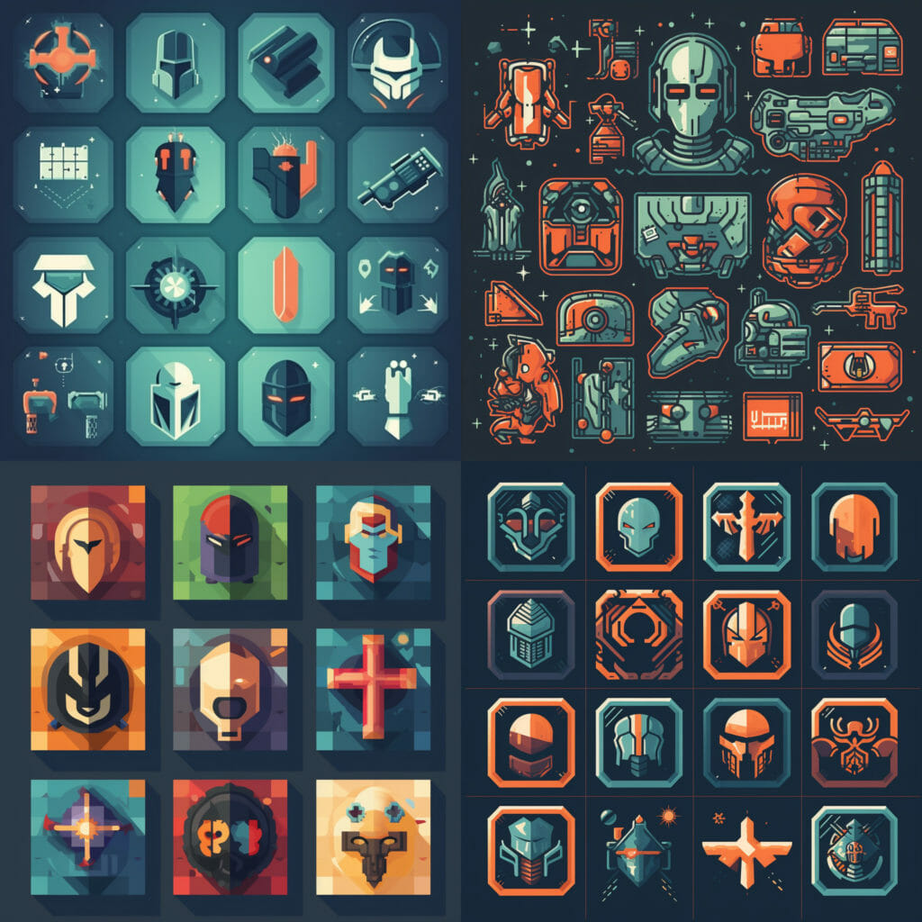 MidJourney - game icons, crusader, cyberpunk, flat, vector --stylize 750 --v 5 