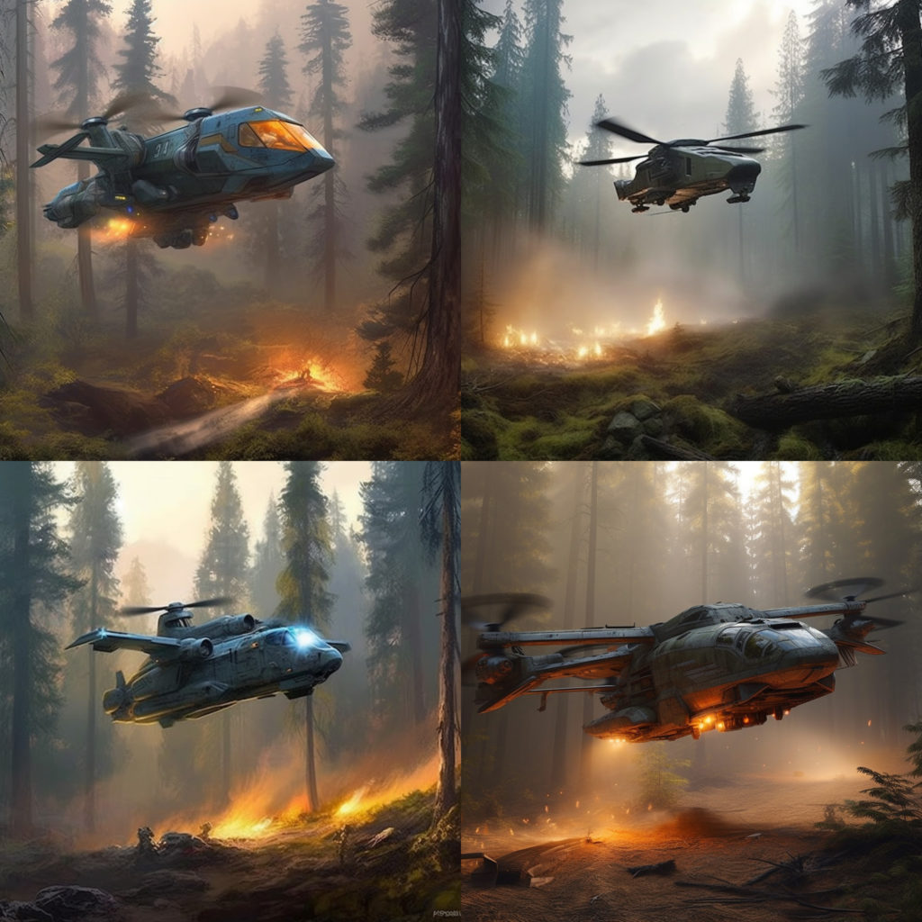 MidJourney - halo pelican vtol hover over burning forest, master chief rescue husky, realistic style, --stylize 750 --v 5