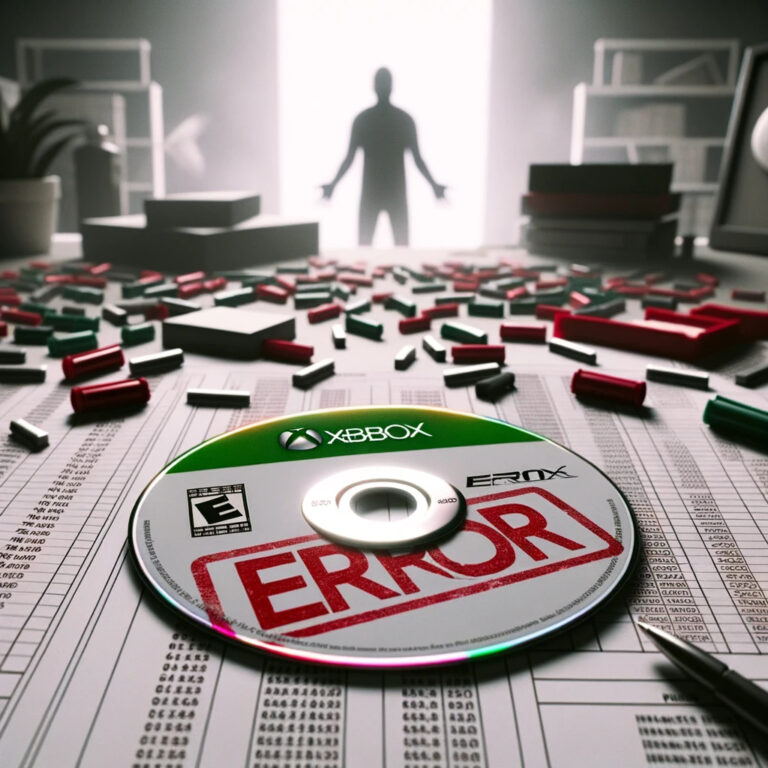 DALL-E 3 - 2023 Prompt: Photo of an Xbox game disc with a large red 'ERROR' stamp on it. The table beneath the disc has scattered quality assurance notes, and in the distance, there's a silhouette of a frustrated game tester.