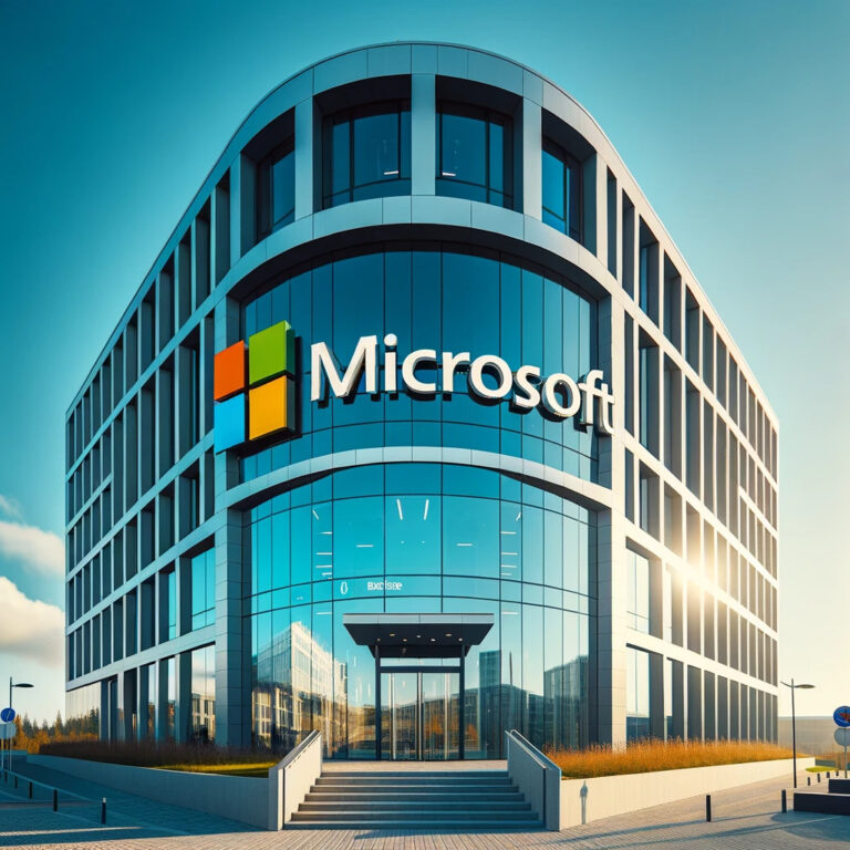 DALLE-E - 2023 - Photo of a modern Microsoft office building with a clear blue sky in the background. The Microsoft logo is prominently displayed at the entrance.