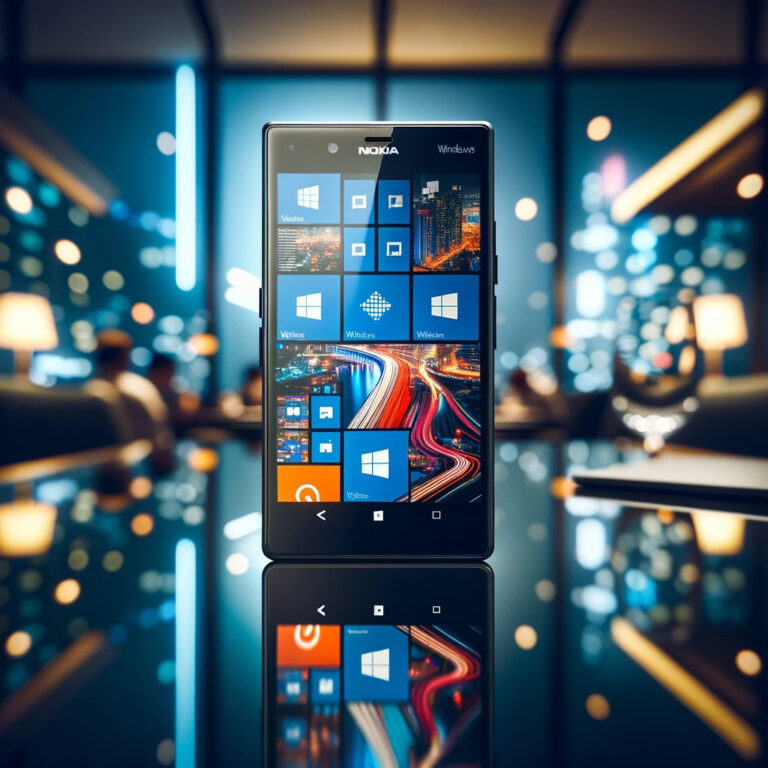 DALL-E 3 - Photo of a Nokia Lumia 950 XL smartphone, resting on a high-tech glass table, with reflections of the Windows logo and city lights in the background.