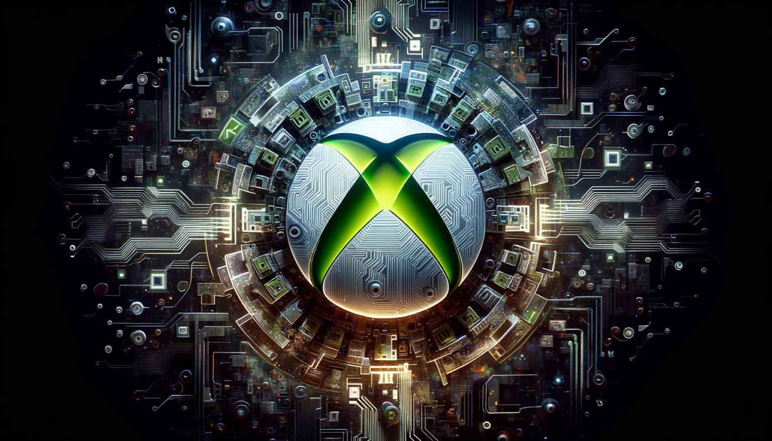 DALL-E 2023 - Digital art composition merging Microsoft's logo with Xbox in a harmonious blend, surrounded by AI circuitry patterns and a faint shadow of Activision Blizzard's logo.