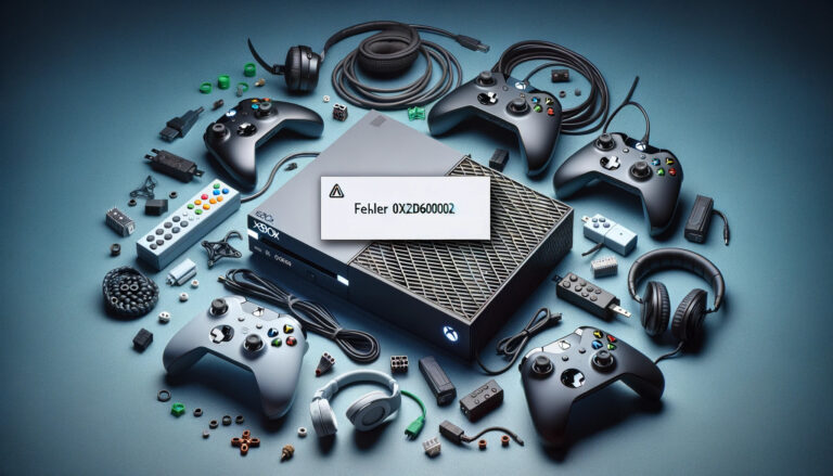 DALL-E 2023 - Photo of an Xbox console with a pile of various unauthorized accessories around it, including controllers, headphones, and cables. Overlaid is a transparent error message box with the correct text 'Fehler 0x82d60002'. The background is a soft gradient from dark blue to light blue.