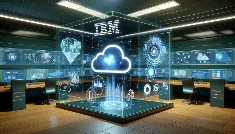 DALL-E 2023 - Illustration of a futuristic data lab with transparent holographic screens showcasing advanced data analytics, machine learning algorithms, and cloud computations. Dominating the setting is the IBM logo, highlighting the emphasis on the IBM Data Science Professional Certificate.