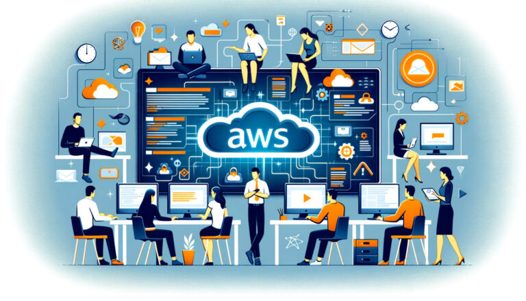 DALL-E 3023 - Illustration of a modern tech environment with individuals collaborating on AWS projects. Some are coding on computers, while others are discussing cloud strategies with AWS graphics and icons floating above their heads. In the center, a large AWS logo is illuminated, symbolizing the core of their focus.