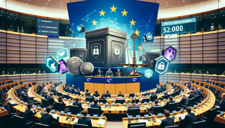 DALL-E 2023 - A digital collage representing the European Parliament voting for measures against loot boxes in video games, featuring diverse MEPs in session, with symbolic imagery such as scales of justice, a lock symbol on a loot box, and a European flag in the background. This image should illustrate the themes of regulation, consumer protection, and gaming industry. The composition should have a modern and digital aesthetic, with elements like digital screens displaying the vote tally, and a graphical overlay indicating protection of minors. The image should convey a sense of serious legislative action within a digital and gaming context.