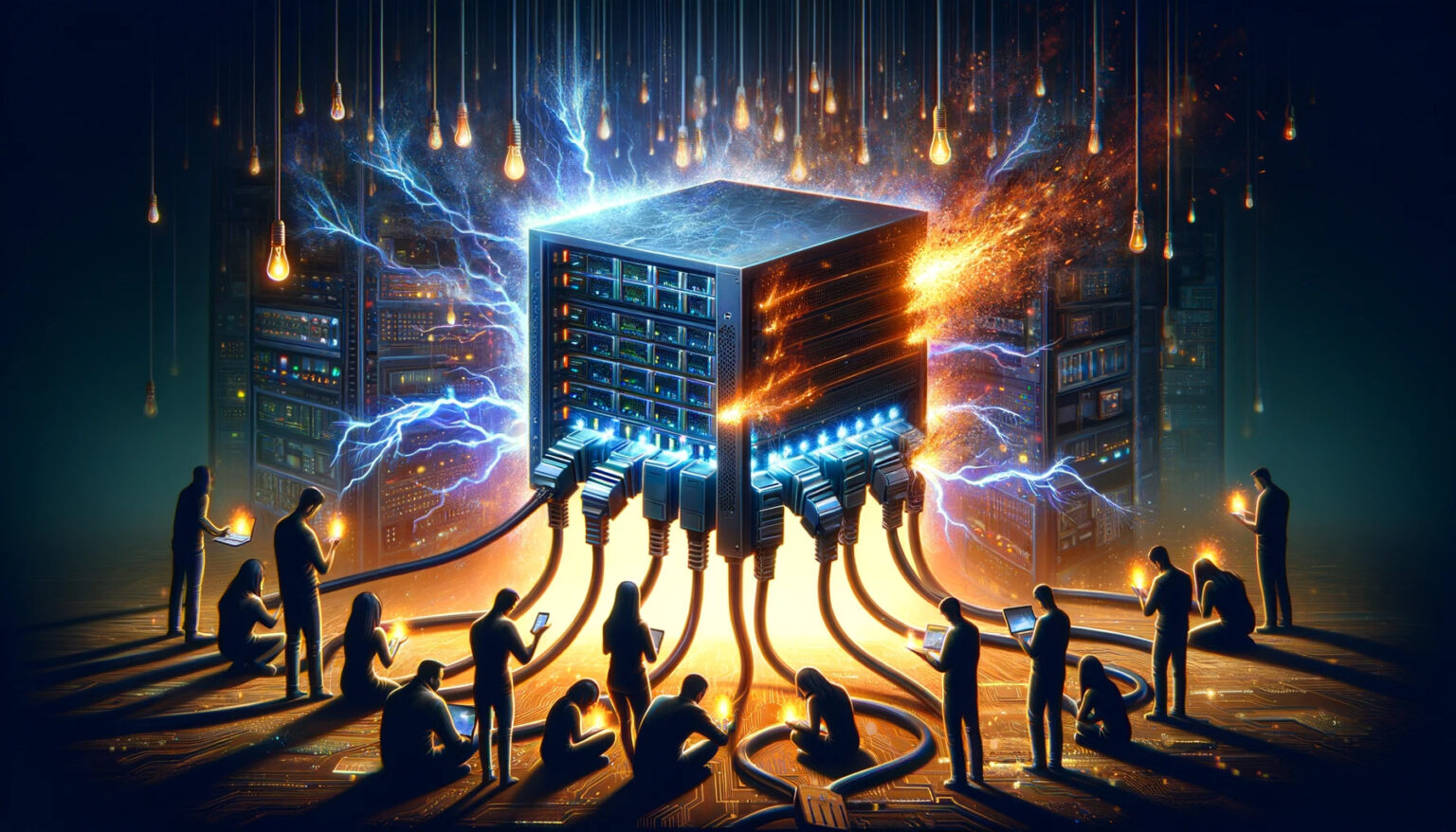 DALL-E 2023 - A symbolic image that graphically represents the concept of a game server being shut down. The image should show a large server with cables being unplugged, with sparks to signify the sudden loss of power, set against a backdrop of a digital world fading to black. In the foreground, a group of diverse gamers should be visibly reacting with expressions of disappointment. The scene should transition smoothly into an area where smaller servers are being plugged in by individuals, glowing with activity and showing games being revived through peer-to-peer connections. This juxtaposition should highlight the community's effort to keep their online experiences alive.