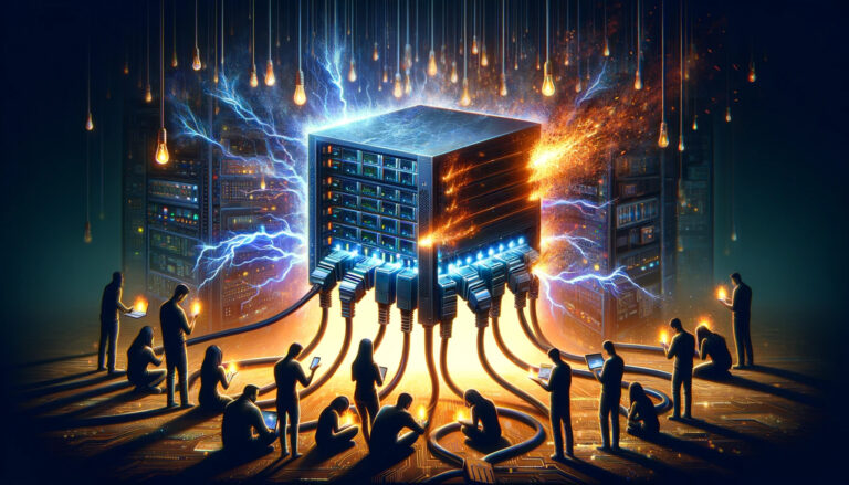 DALL-E 2023 - A symbolic image that graphically represents the concept of a game server being shut down. The image should show a large server with cables being unplugged, with sparks to signify the sudden loss of power, set against a backdrop of a digital world fading to black. In the foreground, a group of diverse gamers should be visibly reacting with expressions of disappointment. The scene should transition smoothly into an area where smaller servers are being plugged in by individuals, glowing with activity and showing games being revived through peer-to-peer connections. This juxtaposition should highlight the community's effort to keep their online experiences alive.