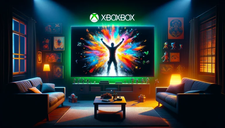 DALL-E 2024 - Imagine a visually striking scene that encapsulates the excitement of unlocking Xbox achievements. The image showcases a dark living room illuminated only by the glow of a large TV screen, where an abstract representation of a gamer's avatar stands triumphant, arms raised in victory. The TV screen displays a vibrant explosion of colors and abstract shapes symbolizing the achievement unlocked notification, with iconic Xbox green accents. The room is filled with subtle references to popular Xbox games, such as miniature figures or posters on the walls, creating a dedicated gamer's paradise. This scene captures the thrill and satisfaction of achieving a milestone in an Xbox game, with a focus on the immersive and rewarding gaming experience provided by the Xbox platform.