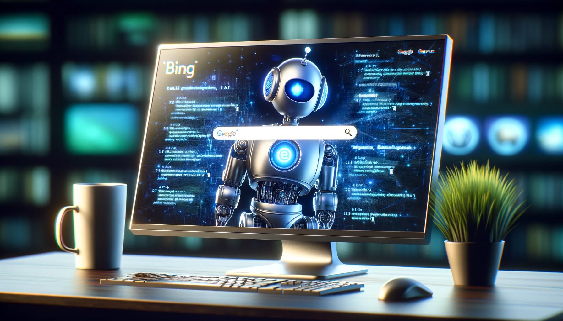DALL-E-2014 - A computer desktop showing the Bing search engine with a chatbot interface, symbolizing the integration of generative AI like ChatGPT into search technology. The screen displays a search query being answered by an AI chatbot, illustrating the concept of AI-driven search and its impact on the digital landscape. The background should subtly include elements of a gaming environment, representing the influence of AI on various industries, including gaming. The image should have a modern, technological feel, designed in a 16:9 format.