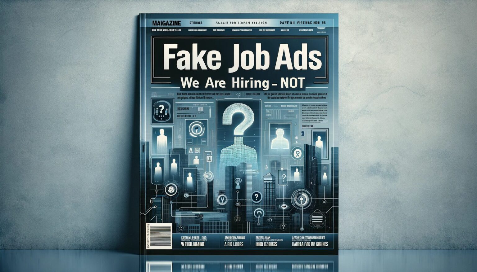 DALL·E 2024 - A professional and modern magazine cover design for an article titled 'FAKE JOB ADS: We are hiring - not'. The cover features a sleek and corporate design with a blend of technology and job market themes. It includes symbolic imagery like a ghostly silhouette of a worker, a question mark, and a representation of job listings. The background is a subtle combination of corporate buildings and digital elements, symbolizing the tech industry. The color scheme is sophisticated, with shades of blue, grey, and white, conveying a sense of professionalism and seriousness. The magazine title and article headline are prominently displayed in bold, clear fonts.
