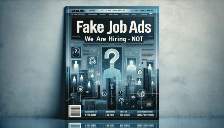 DALL·E 2024 - A professional and modern magazine cover design for an article titled 'FAKE JOB ADS: We are hiring - not'. The cover features a sleek and corporate design with a blend of technology and job market themes. It includes symbolic imagery like a ghostly silhouette of a worker, a question mark, and a representation of job listings. The background is a subtle combination of corporate buildings and digital elements, symbolizing the tech industry. The color scheme is sophisticated, with shades of blue, grey, and white, conveying a sense of professionalism and seriousness. The magazine title and article headline are prominently displayed in bold, clear fonts.
