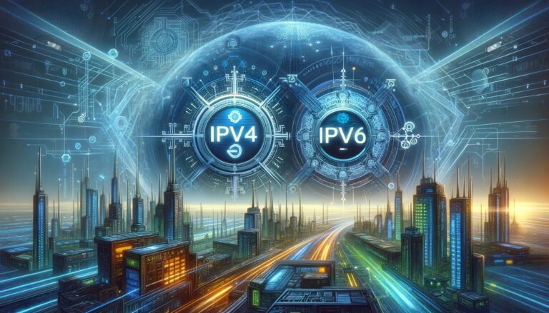 Quelle: DALL-E 2024 - Prompt: Create an image depicting the transition from IPv4 to IPv6, focusing on clarity and readability of the IPv4 and IPv6 protocols. The foreground should prominently display two distinct symbols or icons, one for IPv4 and one for IPv6, each clearly labeled. The IPv4 icon should appear older and less advanced, while the IPv6 icon is modern and futuristic. In the background, a digital landscape representing the internet infrastructure and gaming industry, with a network of connections and a high-tech cityscape. The color scheme should include vibrant blues, greens, and digital motifs, emphasizing a sophisticated and connected digital world.