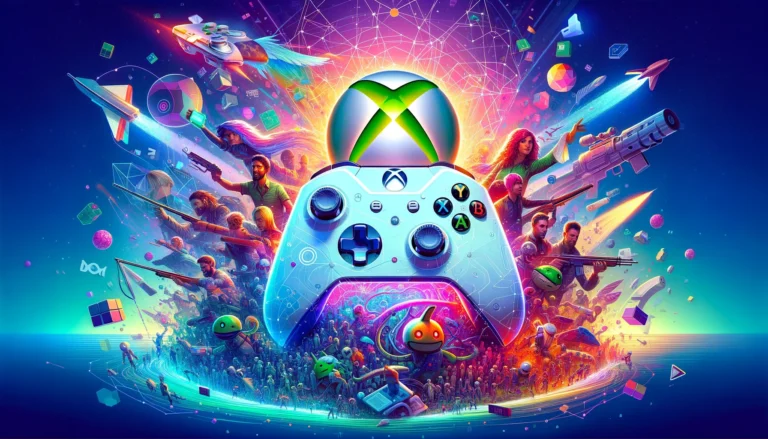 DALL-E-2024 - A vibrant and engaging digital landscape showcasing elements of the Xbox gaming world, including a controller, game characters, and the iconic Xbox logo, intertwined with the Mastodon logo to symbolize the joining of XboxDev magazine with the Mastodon social media platform. The image should evoke a sense of community and digital connectivity, highlighting the theme of gaming and social interaction in a futuristic and welcoming environment.