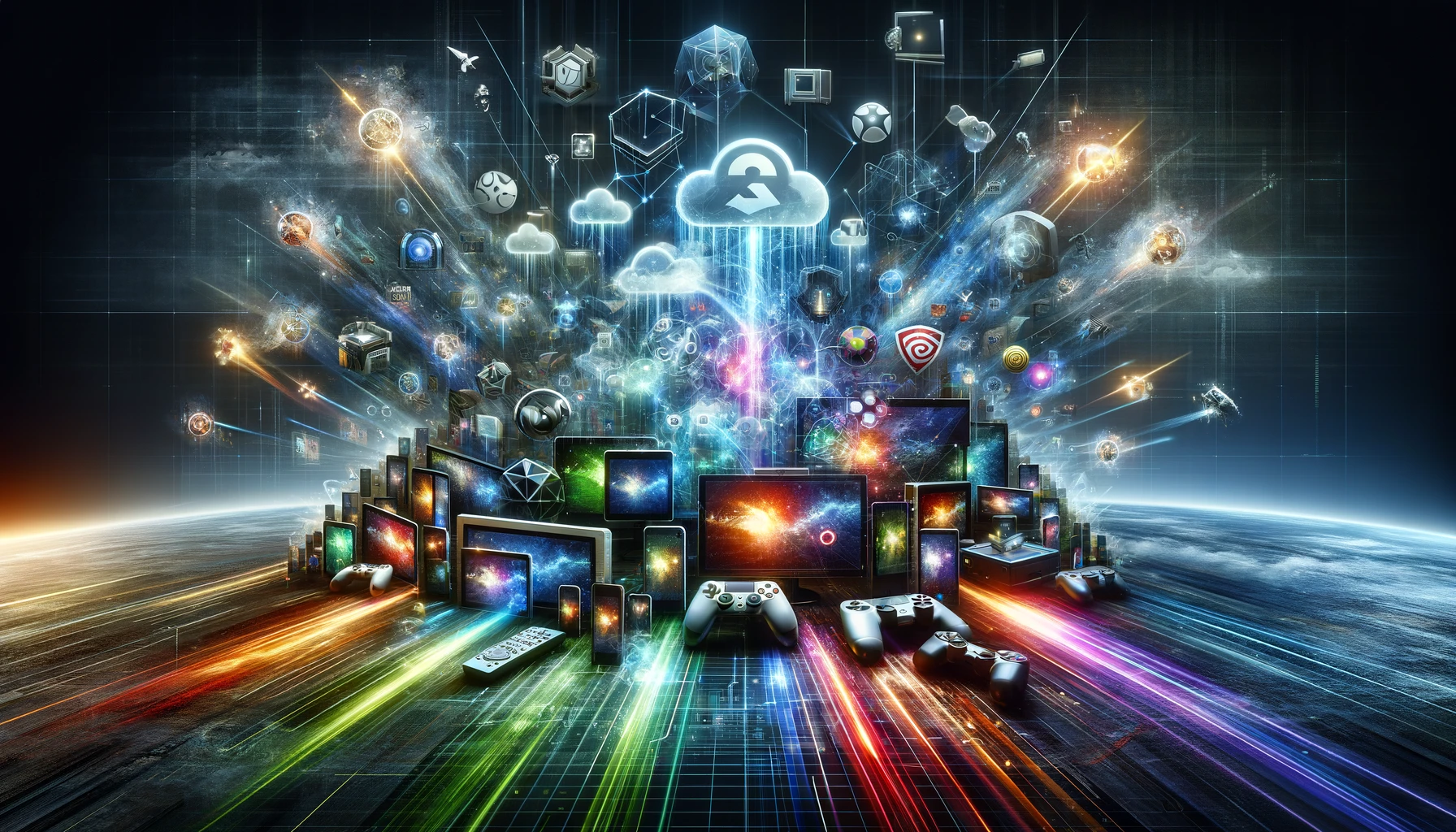 DALL-E-2024 - A dynamic and futuristic digital collage representing the diverse world of game streaming services. The image should feature a spectrum of devices like smartphones, tablets, PCs, and game controllers, all connected through glowing digital streams of data. These devices should be surrounded by abstract representations of cloud technology, with subtle icons or logos of various game streaming platforms like Xbox Game Pass, PlayStation Now, Nvidia GeForce Now, and others subtly integrated. The composition should evoke a sense of connectivity, technology, and gaming excitement, capturing the essence of accessing games from anywhere, on any device. The background should be sleek and modern, with a hint of a digital matrix or cyber environment to enhance the futuristic feel. This image should be in a 16:9 format, perfect for a feature article's title image about the analysis of the game streaming market.