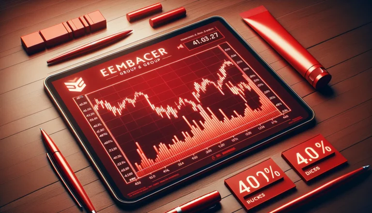 DALL·E 2024 - Create an image featuring a financial chart in the Embracer Group's iconic red color scheme, illustrating a 40% stock price decline. The chart should be straightforward and professional, focusing solely on the stock market performance, with a clear indication of the 40% drop. Include axes with labels to provide context for the decline, ensuring the image is suitable for a financial analysis context. The overall design should be clean and minimalistic, emphasizing the significant stock price movement. Ensure the image is in a 16:9 format, suitable for financial presentations and reports.