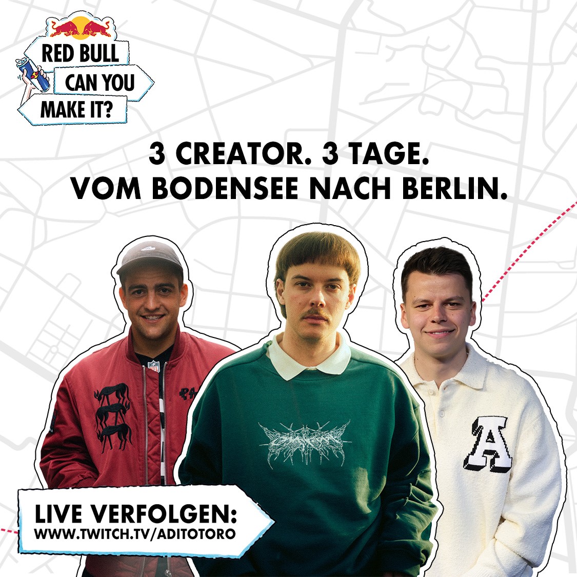 TikToker Aditotoro, Paulomuc und Paul Frege stellen sich der "Can you make it" Challenge von Red Bull (Quelle: Red Bull)