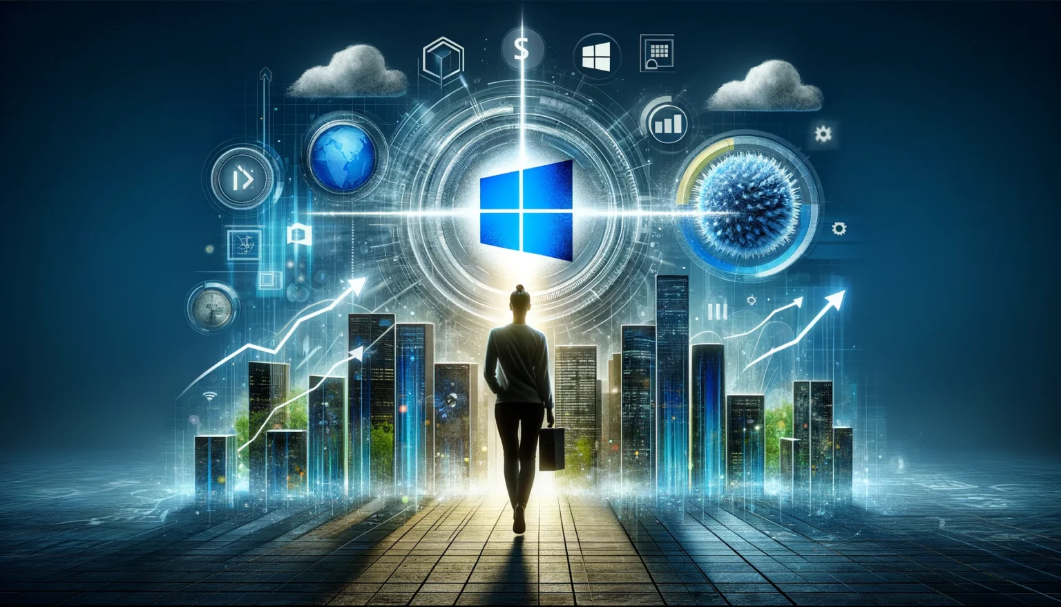 DALL·E 2024 - A visually compelling 16:9 image featuring a modern, sleek design that embodies the essence of innovation and stability. The image should creatively incorporate elements representing Microsoft, such as subtle references to its various products (Windows, Office, Azure), set against a backdrop that suggests growth and prosperity. It should be a mix of technology and finance, symbolizing Microsoft's strong market position and its attractiveness as an investment. The composition should be futuristic and professional, appealing to investors and tech enthusiasts alike, with a balance of colors that reflects confidence and reliability.
