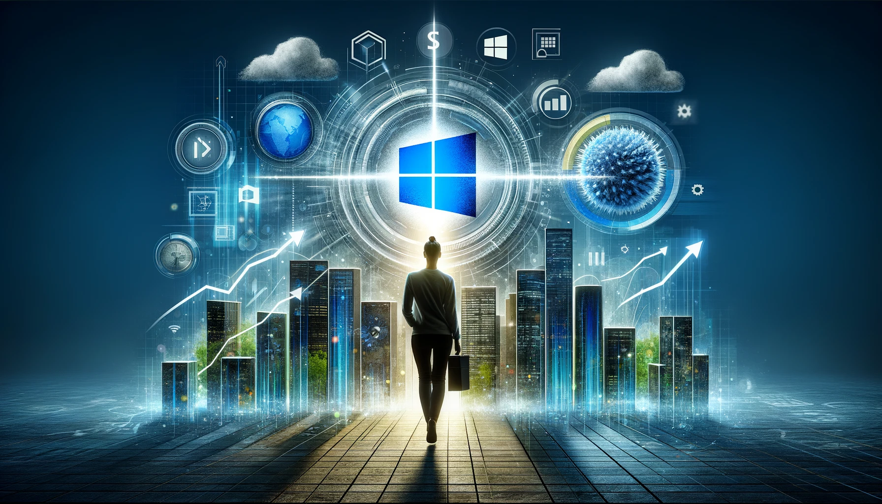 DALL·E 2024 - A visually compelling 16:9 image featuring a modern, sleek design that embodies the essence of innovation and stability. The image should creatively incorporate elements representing Microsoft, such as subtle references to its various products (Windows, Office, Azure), set against a backdrop that suggests growth and prosperity. It should be a mix of technology and finance, symbolizing Microsoft's strong market position and its attractiveness as an investment. The composition should be futuristic and professional, appealing to investors and tech enthusiasts alike, with a balance of colors that reflects confidence and reliability.
