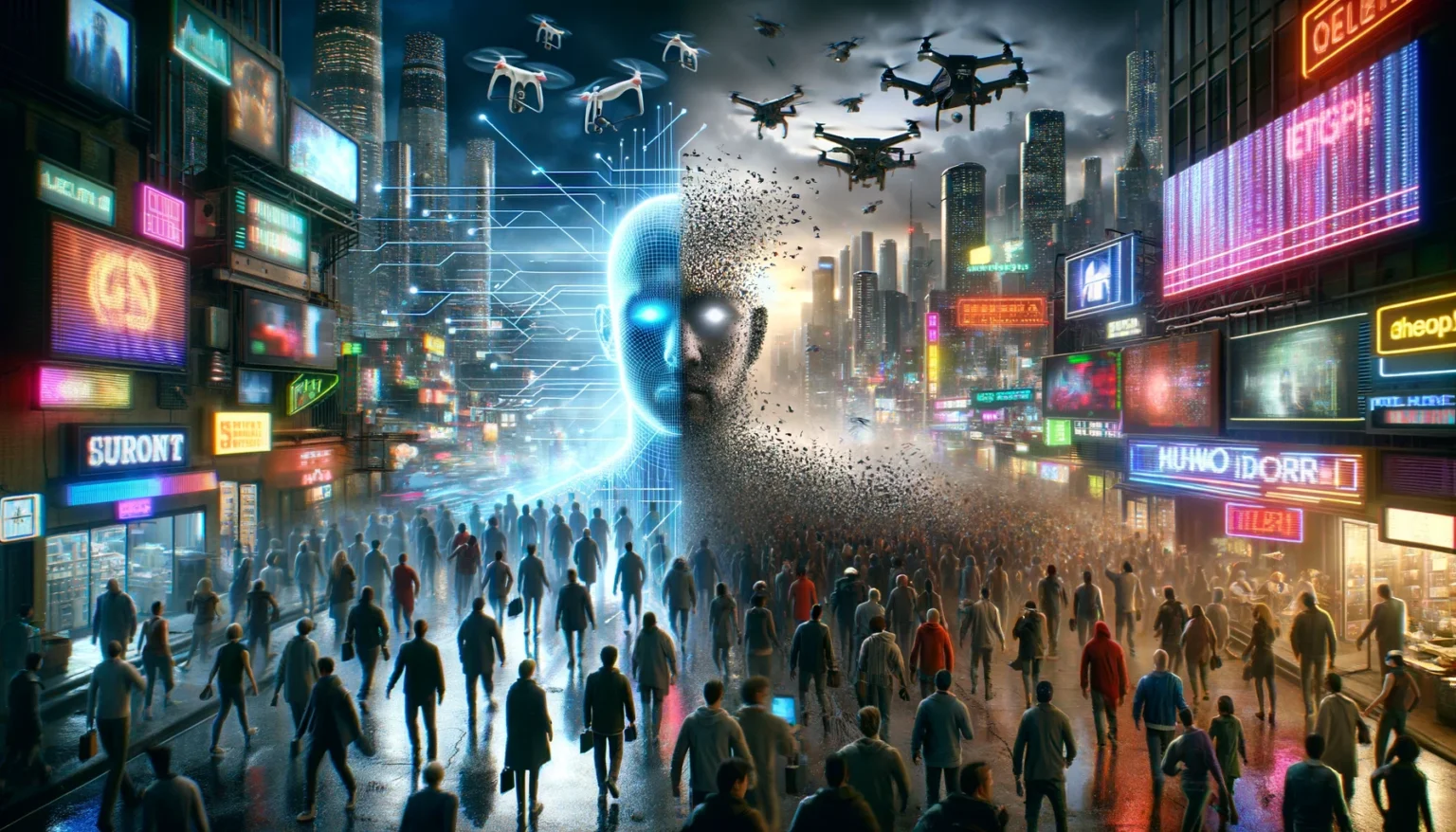 DALL-E 2024 - Visualize a bustling scene divided in half: On one side, show a crowded, neon-lit cityscape characteristic of Altered Carbon, filled with diverse people and futuristic skyscrapers, under a sky interwoven with data streams symbolizing digital connectivity and surveillance. On the other side, depict a scenario from Watch Dogs 3 with a hacker blending in with a crowd of people, all interacting with various digital devices, surrounded by surveillance cameras and drones flying over a modern city. In the center, integrate a schematic representation of a digital human face dissolving between the two worlds, surrounded by anonymous figures, symbolizing the theme of an individual's identity among the masses and the impact of technology on society. This scene should highlight dystopian themes and the essence of both Watch Dogs 3 and Altered Carbon, focusing on the presence of many people to represent the "unknown among many" concept.