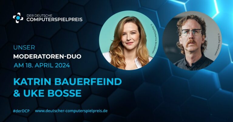 Katrin Bauernfeind und Uke Bosse moderieren den DCP 2024 - Bild: Deutscher-Computerspielpreise.de