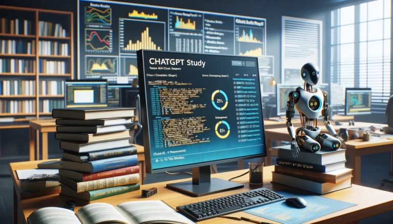 DALL-E 2024 - A university lab setting with a desk and computer screen displaying ChatGPT responses. On the desk, there are a stack of programming books and a report titled 'ChatGPT Study' with highlighted sections and graphs. In the background, there are charts and graphs on a whiteboard. The mood of the image is serious and analytical, highlighting the challenges and errors identified in the study. No people or robots are present in the scene.