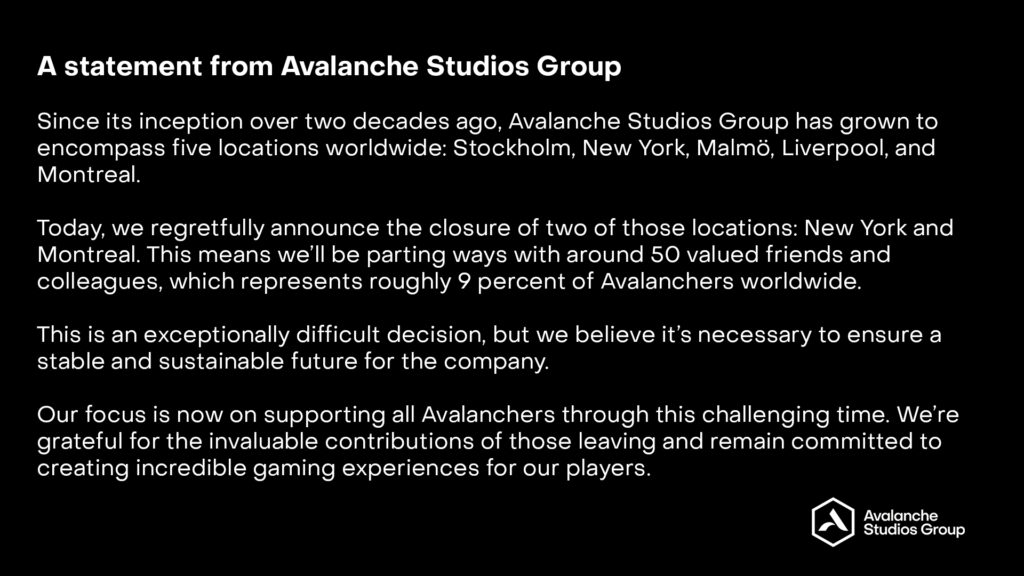 Avalance Studios Group - Layoff