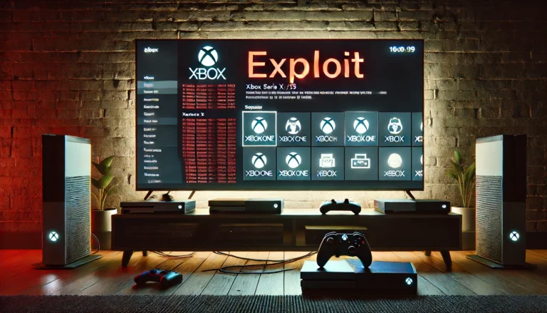 DALL-E - An image showing the Xbox dashboard on a TV screen with an exploit message or warning displayed prominently. The scene is set in a modern living room with Xbox One and Xbox Series X/S consoles connected to the TV. The TV screen should have the typical Xbox interface, but with a red warning message or code indicating a security breach. The room is dimly lit, emphasizing the glowing screen. The image should be in 16:9 format.
