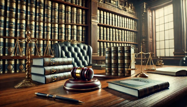 DALL-E 2024 - A formal, legal setting showcasing elements such as law books, a gavel, and legal documents spread across a polished wooden table. The background includes a large, ornate bookshelf filled with legal volumes, and the room has a professional, serious atmosphere. The scene should reflect the concept of new regulations and legal changes without any people or text.