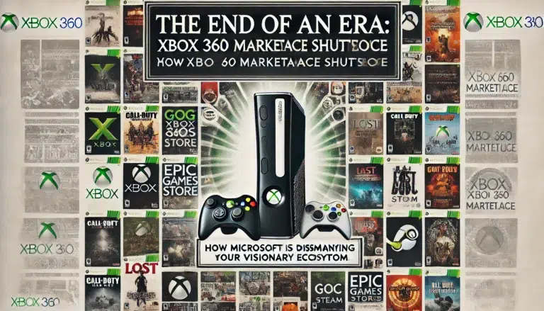 DALL-E 2024 - A 16:9 title image depicting the shutdown of the Xbox 360 marketplace. The background is a slightly blurred image of an Xbox 360 console and a collage of classic Xbox 360 game covers. The color scheme features Microsoft's typical colors: green, black, and white. The title, 'The End of an Era: Xbox 360 Marketplace Shutdown,' is prominently displayed in large, white, or light green text. Below it, a smaller subtitle reads, 'How Microsoft is Dismantling Its Visionary Ecosystem.' The Xbox and Microsoft logos are positioned in one of the corners. Additional icons representing lost games (e.g., a crossed-out game cover) and alternative platforms like Steam, GOG, and Epic Games Store are also included, balanced around the text. A narrow white border surrounds the image.