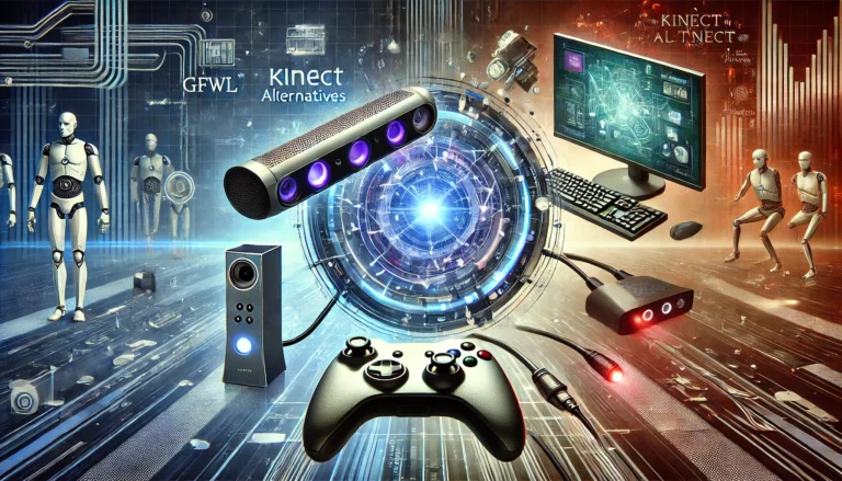 DALL-E 2024 - A 16:9 title image depicting the themes of gaming evolution and technology alternatives. The image should feature elements such as a game controller, a Kinect-like motion sensor, and a computer screen displaying a modern gaming platform. The background should be dynamic and futuristic, with digital elements like data streams and holographic displays. Include subtle references to both GFWL and Kinect, showing their transition to newer technologies.