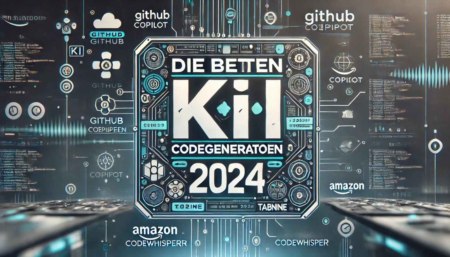 DALL-E 2024 - A 16:9 thumbnail with a modern tech theme. Central focus on the text 'Die besten KI-Codegeneratoren 2024' in a bold, modern font. Background is abstract with digital lines, codes, and network symbols. Include small logos of popular coding tools like GitHub Copilot, Amazon CodeWhisperer, and Tabnine at the bottom. Colors should be a mix of technology-associated shades like blue, black, and white, with highlights in green to emphasize 'KI'. The overall look should be sleek, professional, and convey a sense of innovation in coding and AI technology.