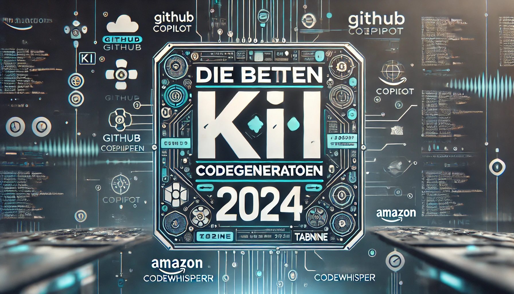 DALL-E 2024 - A 16:9 thumbnail with a modern tech theme. Central focus on the text 'Die besten KI-Codegeneratoren 2024' in a bold, modern font. Background is abstract with digital lines, codes, and network symbols. Include small logos of popular coding tools like GitHub Copilot, Amazon CodeWhisperer, and Tabnine at the bottom. Colors should be a mix of technology-associated shades like blue, black, and white, with highlights in green to emphasize 'KI'. The overall look should be sleek, professional, and convey a sense of innovation in coding and AI technology.