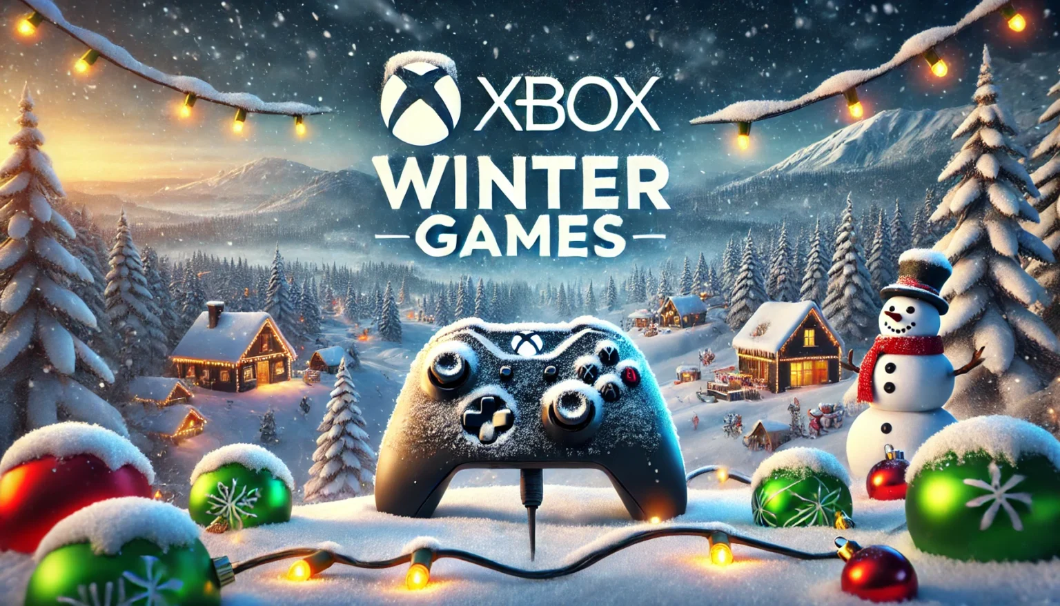 DALL-E 2024 - A winter-themed gaming thumbnail for Xbox Winter Games. The scene includes snow-covered landscapes, gaming controllers in the snow, and festive holiday decorations like lights and baubles. The background shows snowy mountains, and the atmosphere is cozy, inviting, and adventurous, fitting for winter gaming. The words 'Xbox Winter Games' are prominently featured in a bold, modern font.