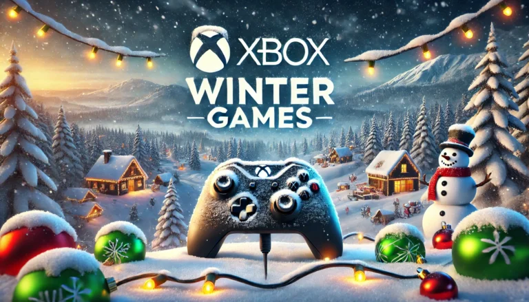 DALL-E 2024 - A winter-themed gaming thumbnail for Xbox Winter Games. The scene includes snow-covered landscapes, gaming controllers in the snow, and festive holiday decorations like lights and baubles. The background shows snowy mountains, and the atmosphere is cozy, inviting, and adventurous, fitting for winter gaming. The words 'Xbox Winter Games' are prominently featured in a bold, modern font.