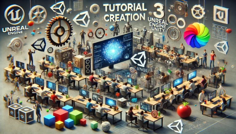 DALL·E 2024 - A visually appealing and modern image representing a collaborative tutorial creation effort for gaming and design. Show a diverse group of people, including developers and designers, gathered around computers with 3D modeling software, Unreal Engine, Unity, and design elements. Include symbols of creativity and technology like gears, screens, and digital art. The atmosphere should be creative, inviting, and dynamic, with a focus on community learning and game development. The setting should look like a modern co-working space, with bright colors and an inspiring tone.