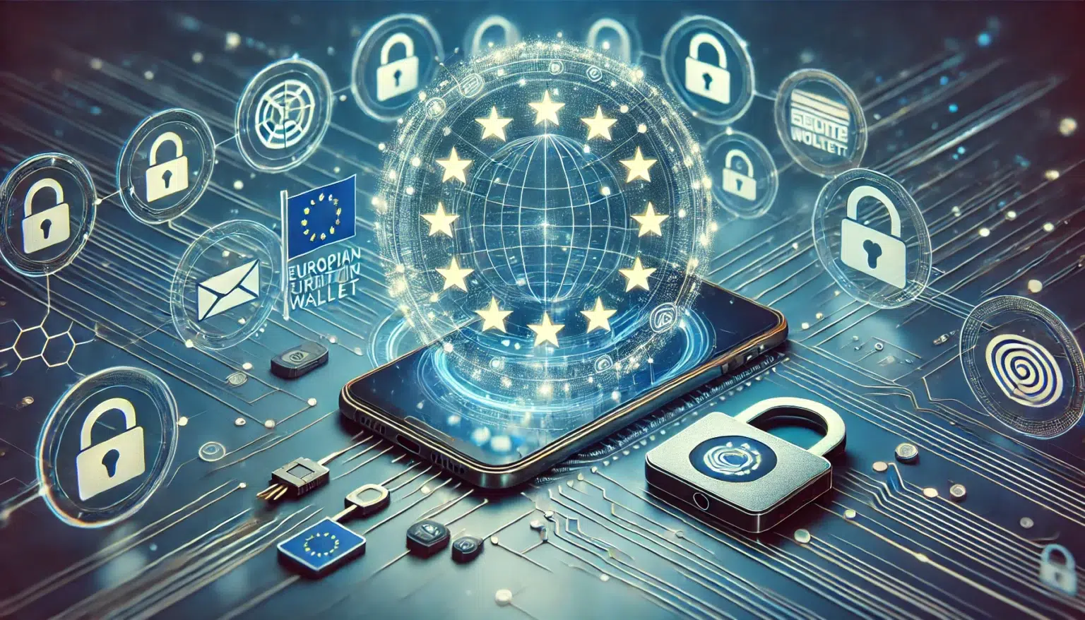 DALL-E 2024 - A futuristic digital wallet concept, featuring European Union symbols like the EU flag and digital technology elements such as mobile devices, secure lock icons, and interconnected nodes, symbolizing identity verification and security. The image should be sleek, modern, and visually appealing, with a 16:9 aspect ratio. Ideal for a title image for an article on EU digital identity wallets, integrating themes of technology, privacy, and unity.