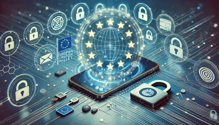 DALL-E 2024 - A futuristic digital wallet concept, featuring European Union symbols like the EU flag and digital technology elements such as mobile devices, secure lock icons, and interconnected nodes, symbolizing identity verification and security. The image should be sleek, modern, and visually appealing, with a 16:9 aspect ratio. Ideal for a title image for an article on EU digital identity wallets, integrating themes of technology, privacy, and unity.