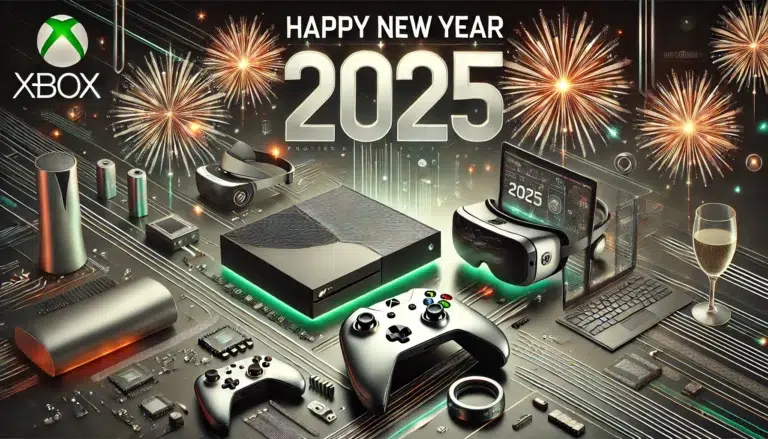 DALL-E 2025 - A festive New Year's greeting image for a professional and modern Xbox-focused gaming and tech publication. The design features sleek metallic and digital elements, fireworks in the background, and a subtle gaming theme. It includes elements like an Xbox controller, a laptop, and VR goggles arranged in a minimalistic and futuristic style. The text 'Happy New Year 2025' is prominently displayed in a clean and bold font, with a professional and celebratory tone. The color palette is primarily silver, green, and black, with accents of gold. The layout is ideal for a 16:9 ratio.