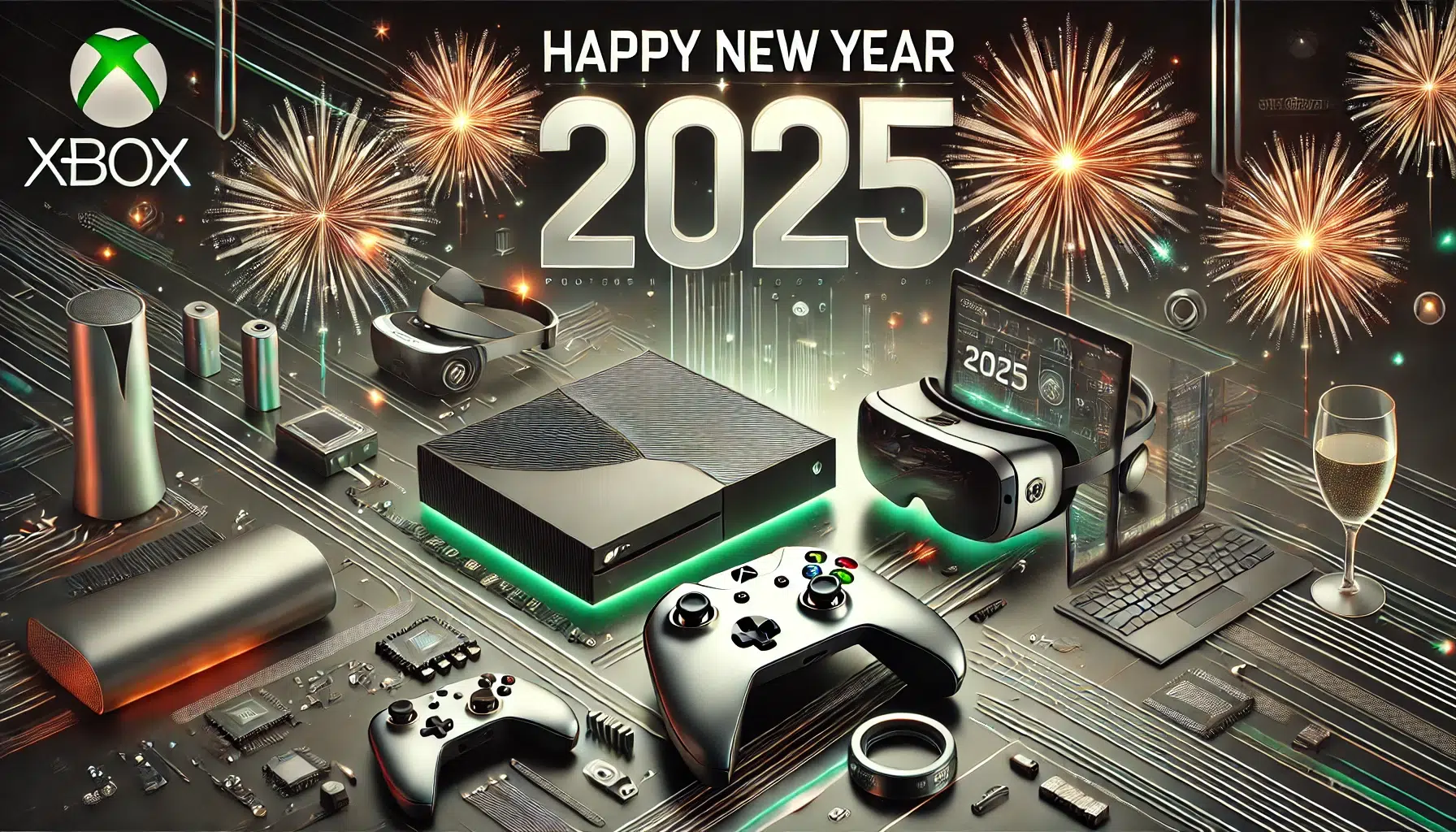 DALL-E 2025 - A festive New Year's greeting image for a professional and modern Xbox-focused gaming and tech publication. The design features sleek metallic and digital elements, fireworks in the background, and a subtle gaming theme. It includes elements like an Xbox controller, a laptop, and VR goggles arranged in a minimalistic and futuristic style. The text 'Happy New Year 2025' is prominently displayed in a clean and bold font, with a professional and celebratory tone. The color palette is primarily silver, green, and black, with accents of gold. The layout is ideal for a 16:9 ratio.
