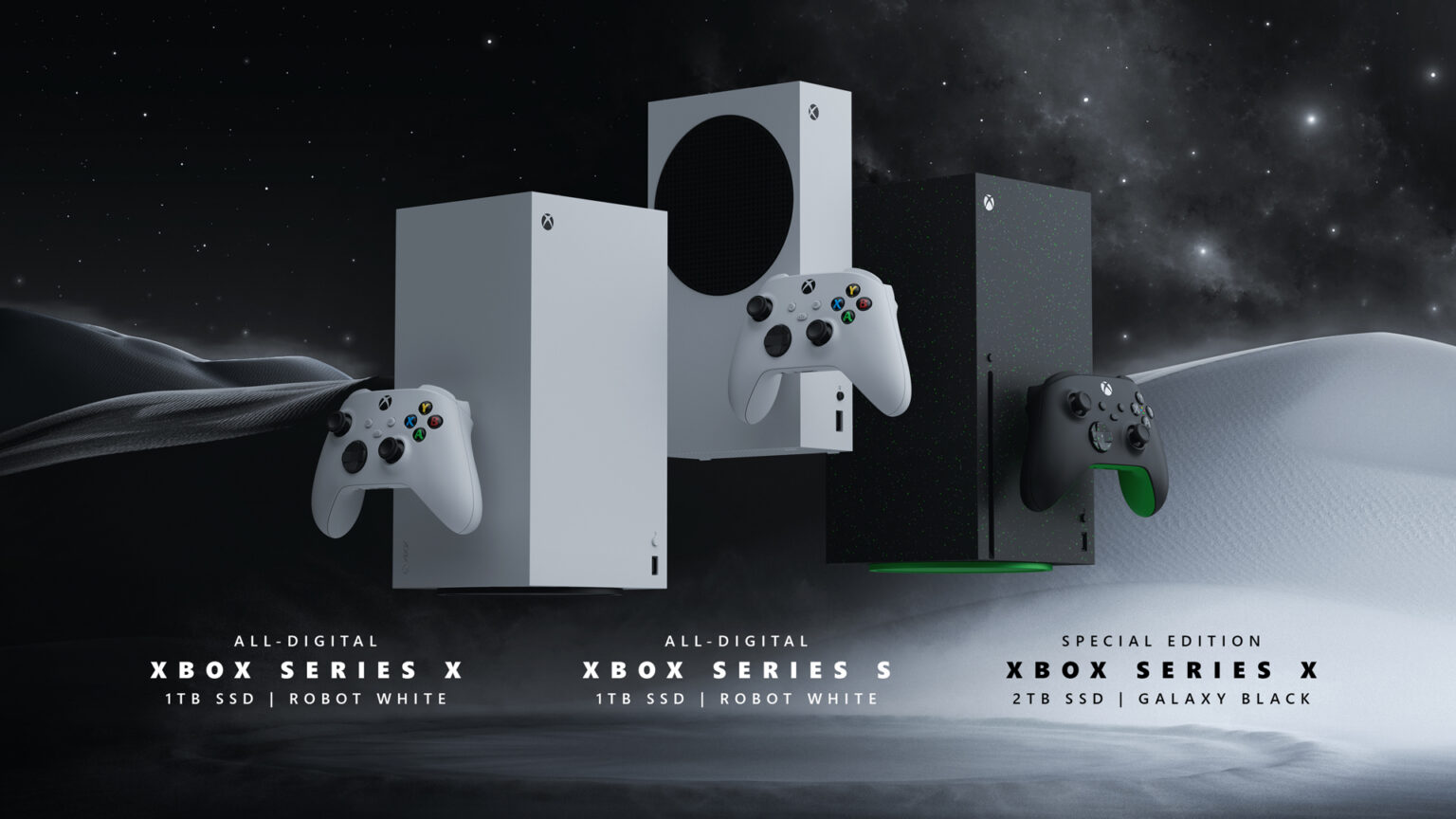 Drei neue Xbox-Series-Konsolen zum Holiday 2024: 2-TB-Series-X Galaxy Black, 1-TB-Series-S Robot White und disc-lose Series X Digital - offizielles Motiv
