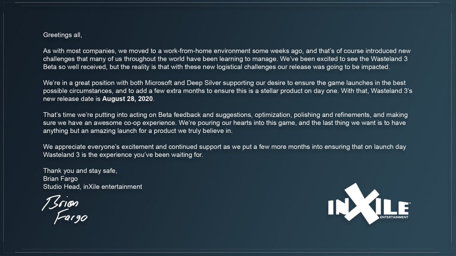 Wasteland 3 verschoben: inXile begruendet Delay mit Home-Office wegen COVID-19 - Bild: inXile Entertainment (offizieller Wasteland-Account)