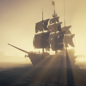 Offizielles Key-Art zum Sea of Thieves-Update Shrouded Spoils mit Piratenschiff im dichten Nebel - Bild: Rare