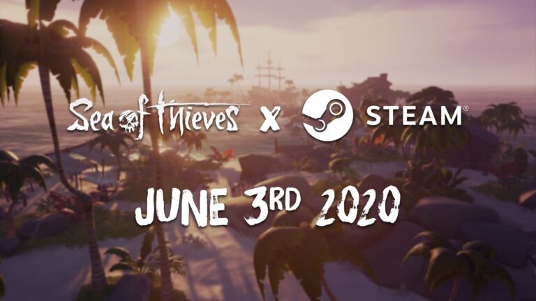 Sea of Thieves Promo-Grafik zum Steam-Start am 3. Juni mit Piratenschiff-Artwork und Steam-Logo