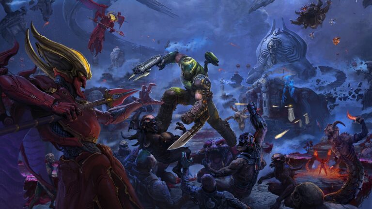 Offizielles Key-Art zu Doom Eternal: The Ancient Gods – Part One mit dem Doom Slayer in höllischer Schlacht