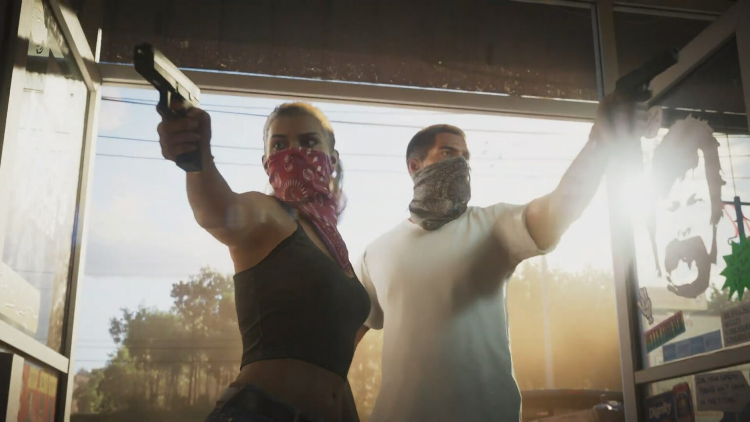 Szene aus Grand Theft Auto VI mit zwei bewaffneten Figuren