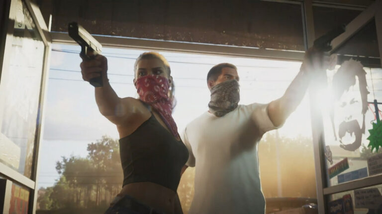 Szene aus Grand Theft Auto VI mit zwei bewaffneten Figuren